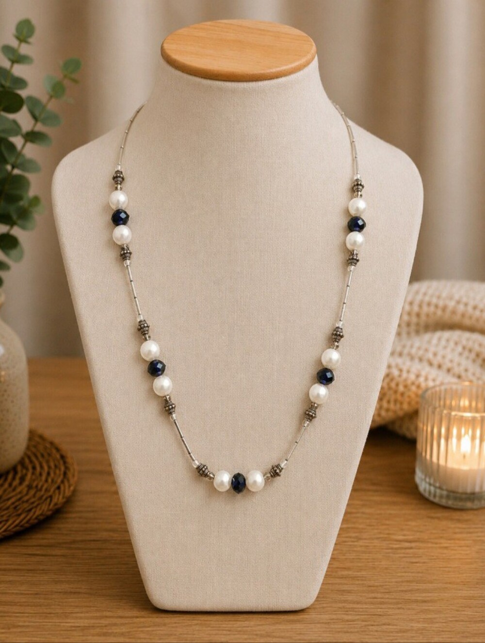Elegant Faux Pearl & Navy Blue Crystal Beaded Necklace